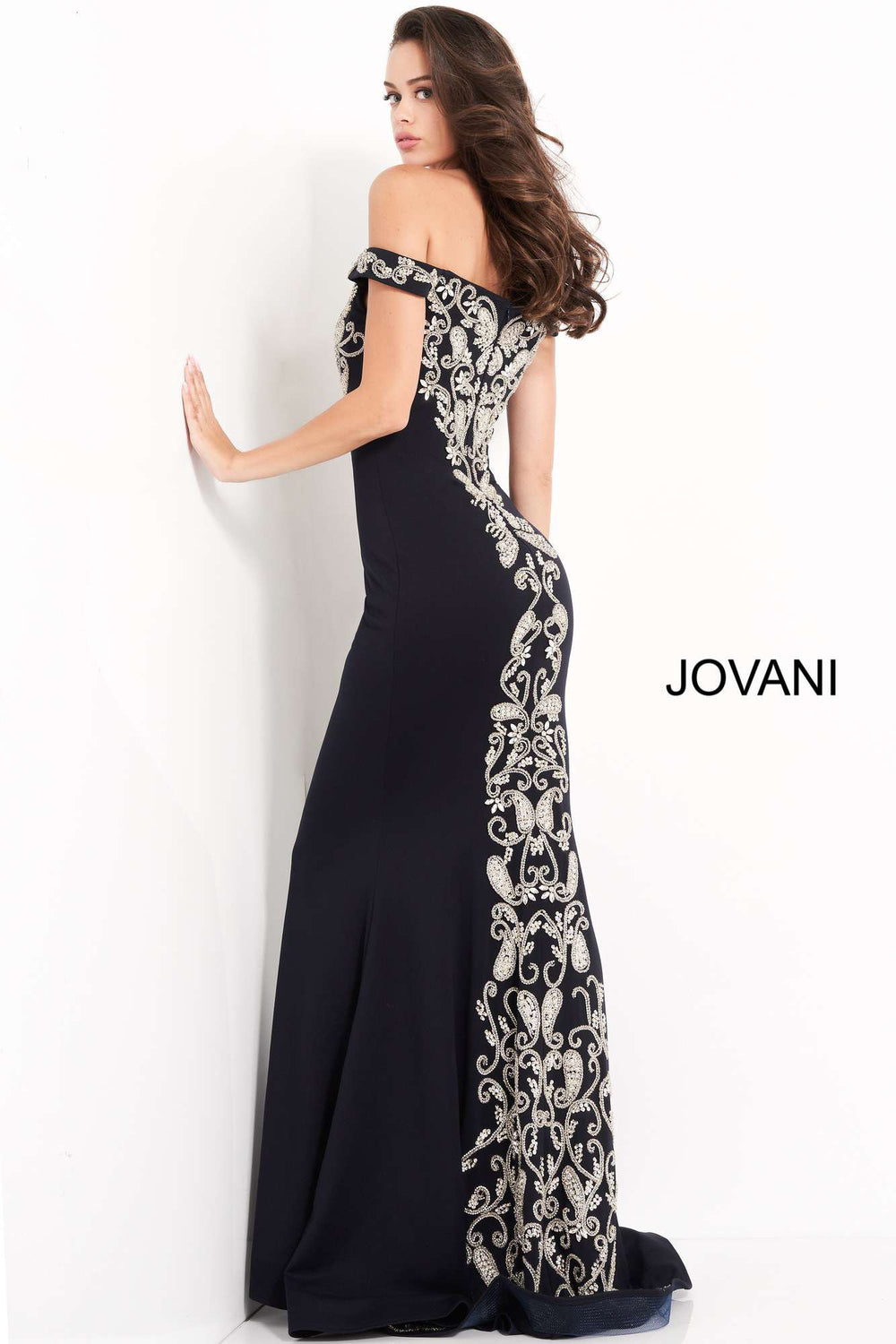Navy Off the Shoulder Embroidered Evening Dress Jovani 02576 - Morvarieds Fashion