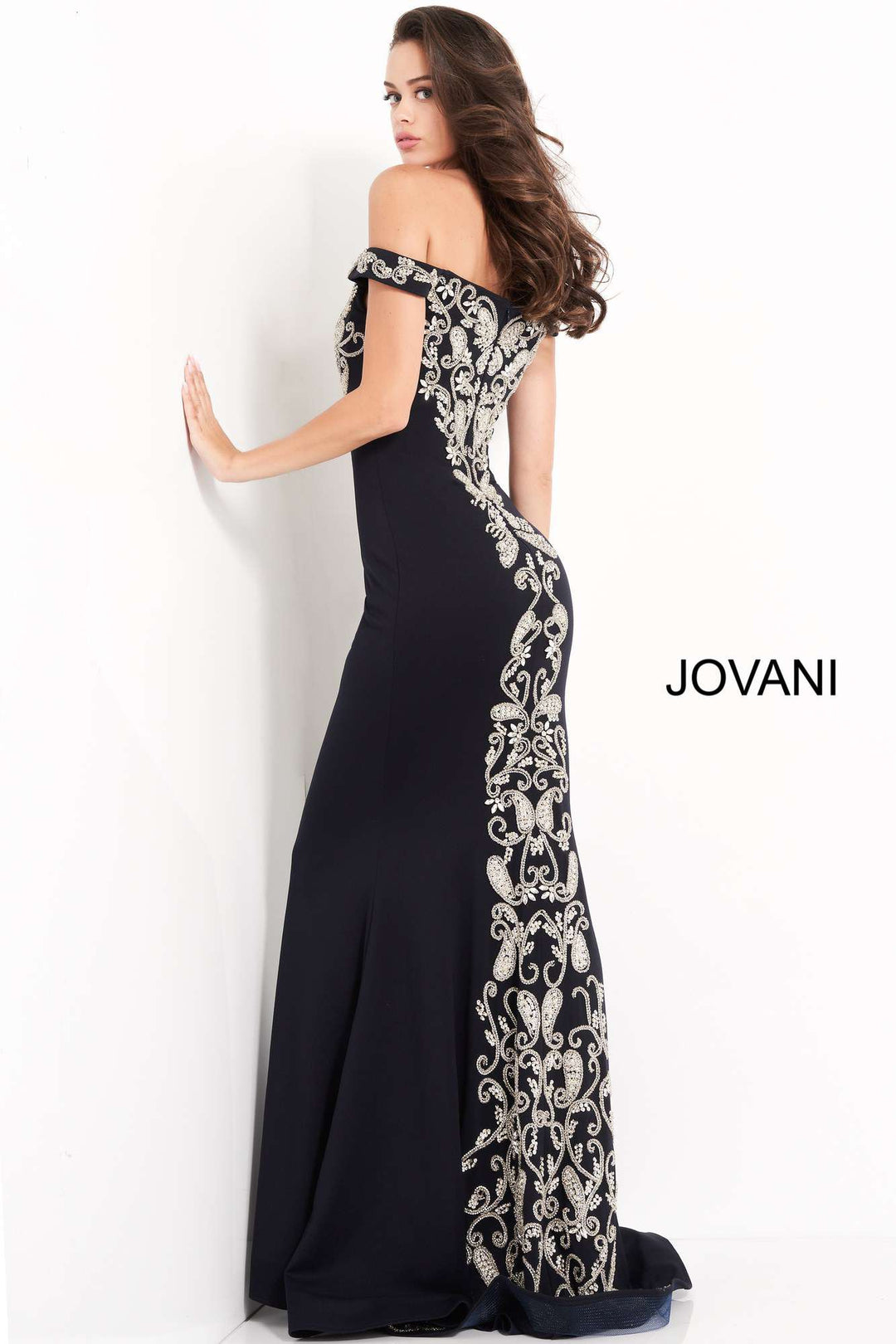 Navy Off the Shoulder Embroidered Evening Dress Jovani 02576 - Morvarieds Fashion