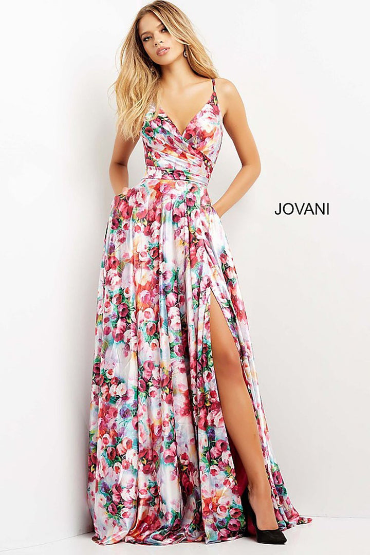 Print V Neck Tie Back Maxi Prom Gown Jovani 09029 - Morvarieds Fashion