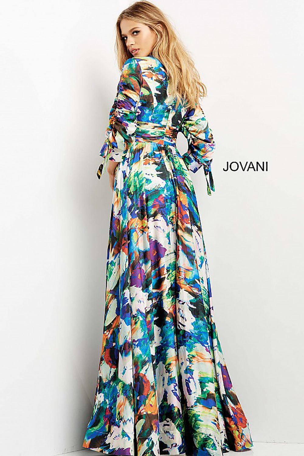 Print V Neck Three Quarter Sleeve Prom Gown Jovani 08584 - Morvarieds Fashion