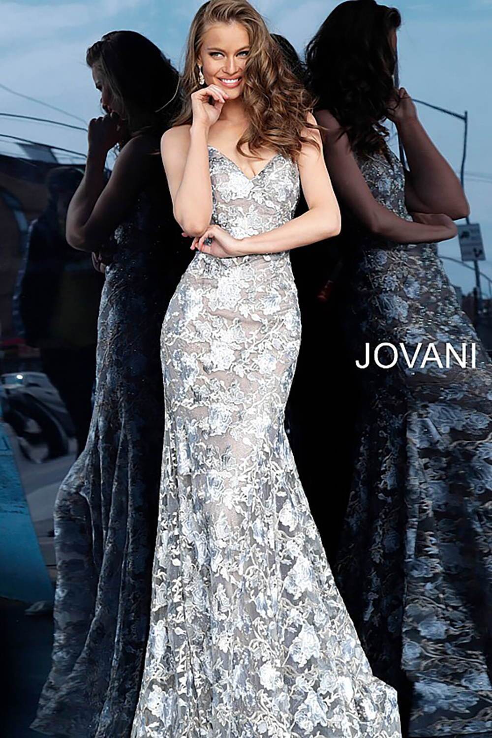Silver Nude Strapless Fitted Lace Evening Dress Jovani 67330 - Morvarieds Fashion