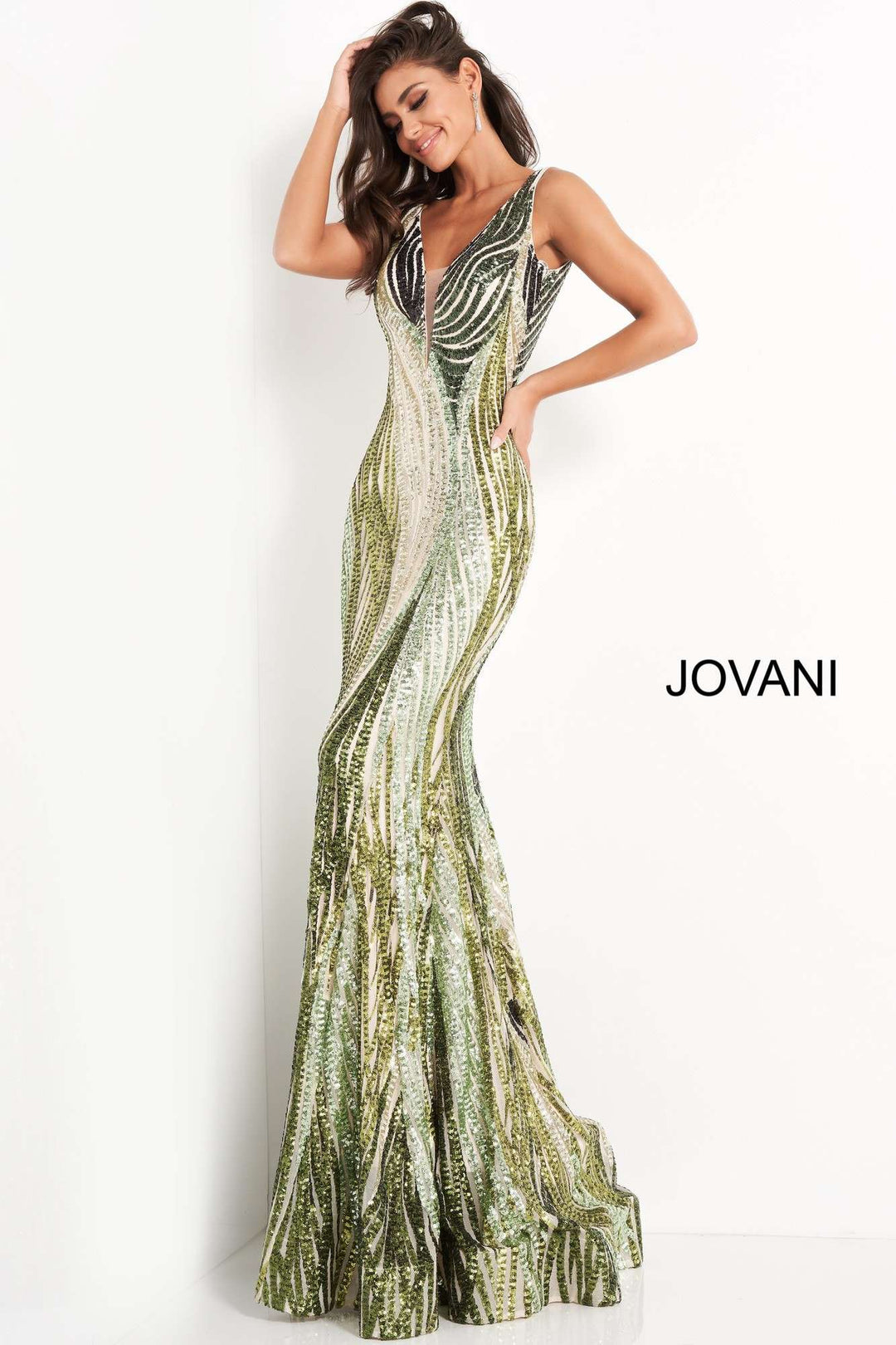 Green Embellished Plunging Neckline Prom Dress Jovani 05103 - Morvarieds Fashion