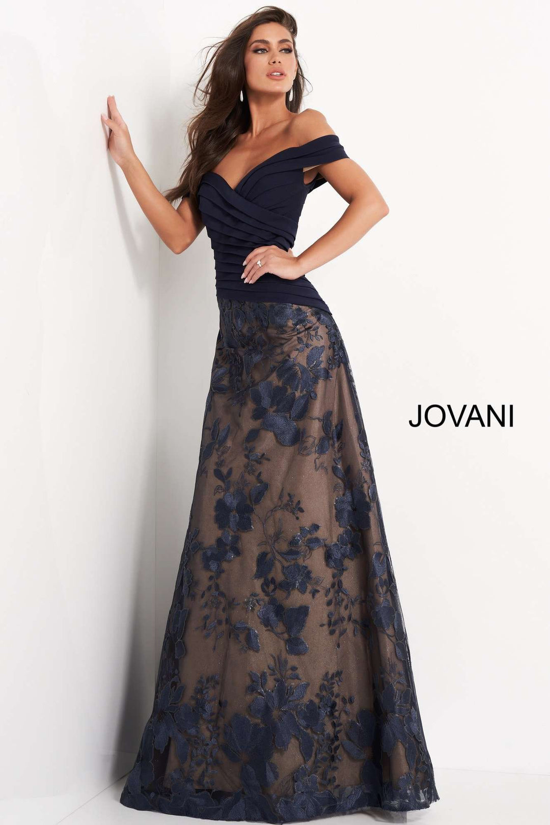 Navy Pleated Bodice A Line Evening Gown Jovani 02852 - Morvarieds Fashion