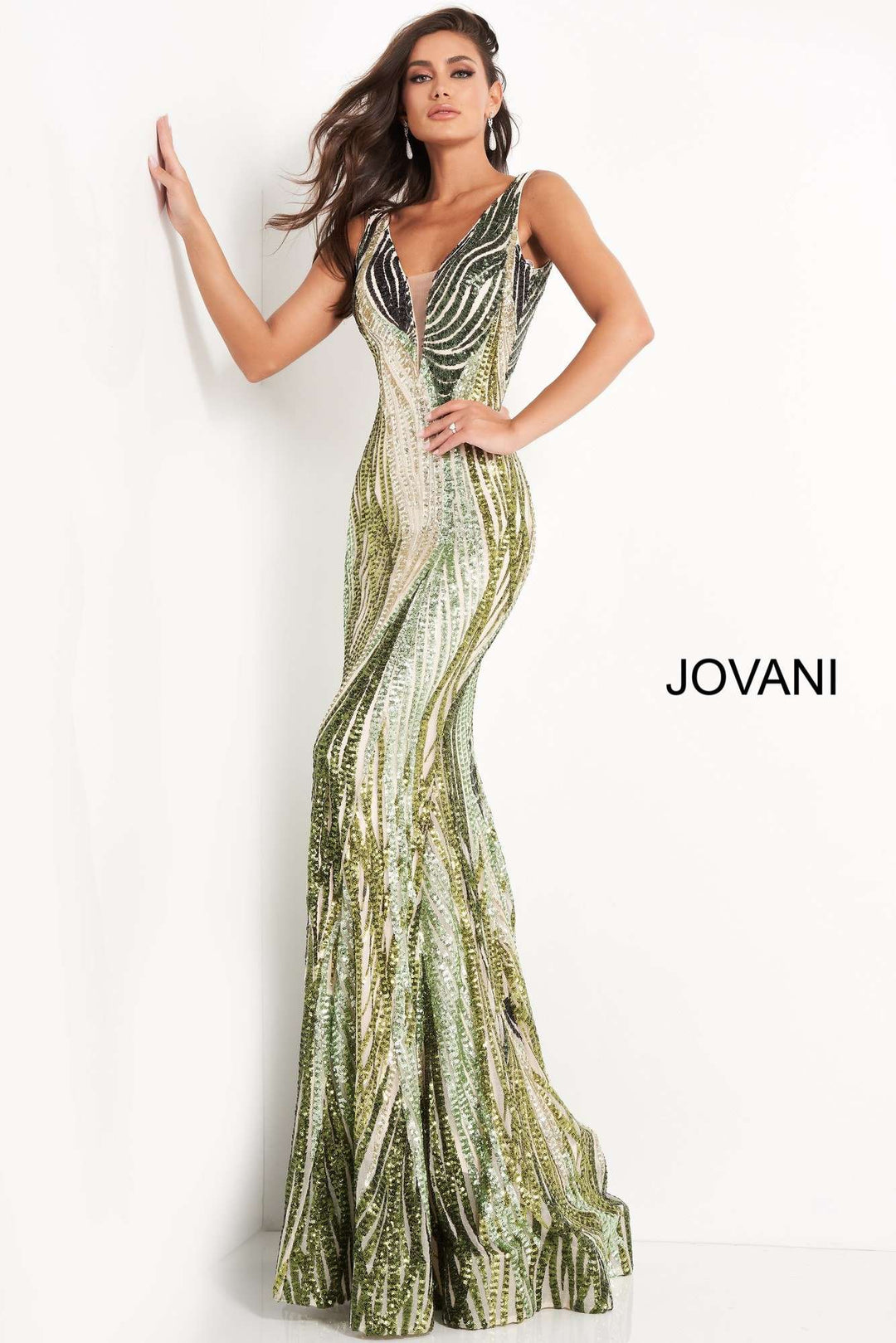Green Embellished Plunging Neckline Prom Dress Jovani 05103 - Morvarieds Fashion