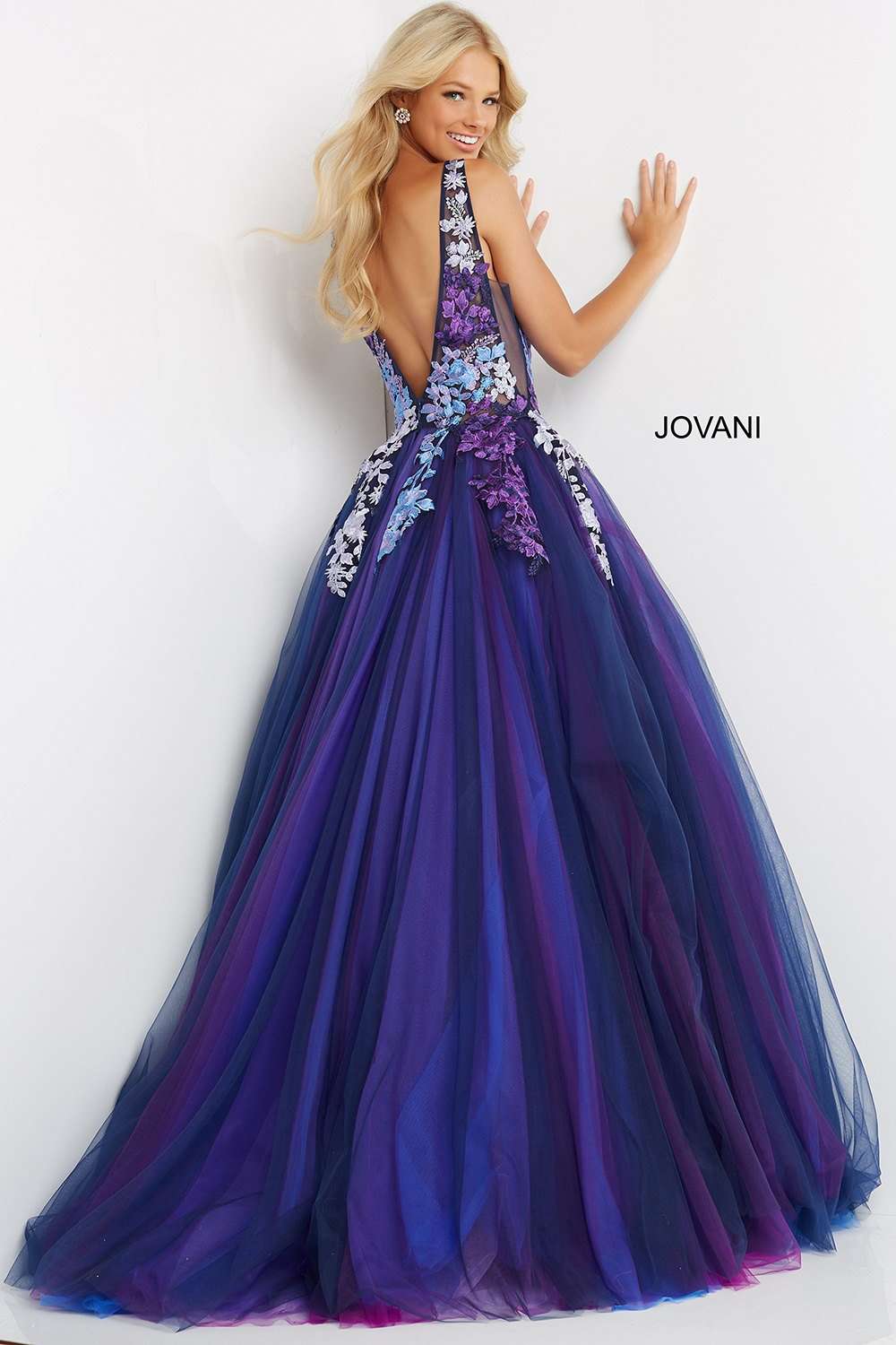 Navy Multi Floral Bodice Tulle Prom Dress Jovani 06807 - Morvarieds Fashion
