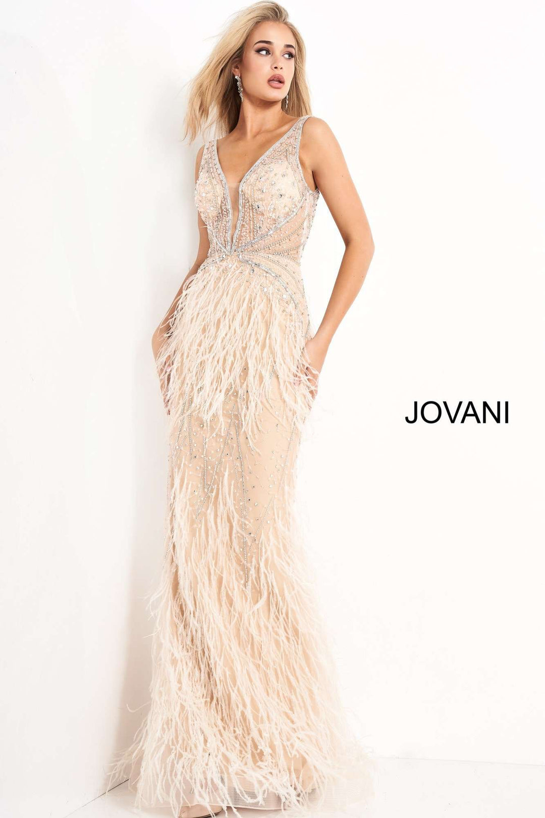 Sheer Embellished Bodice Feather Prom Dress Jovani 03023 - Morvarieds Fashion