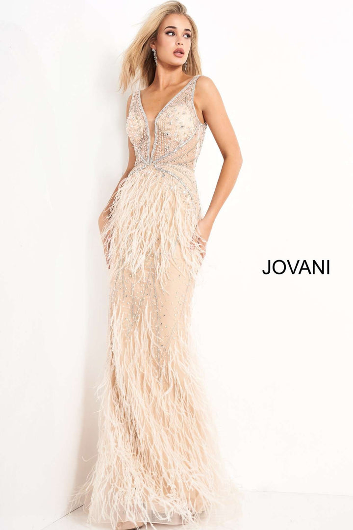 Sheer Embellished Bodice Feather Prom Dress Jovani 03023 - Morvarieds Fashion