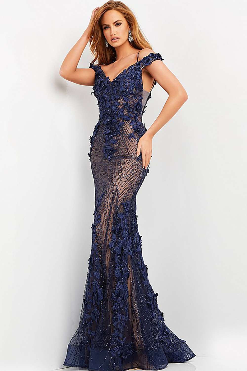 Navy Off the Shoulder Floral embellished Evening Dress Jovani 06649 - Morvarieds Fashion