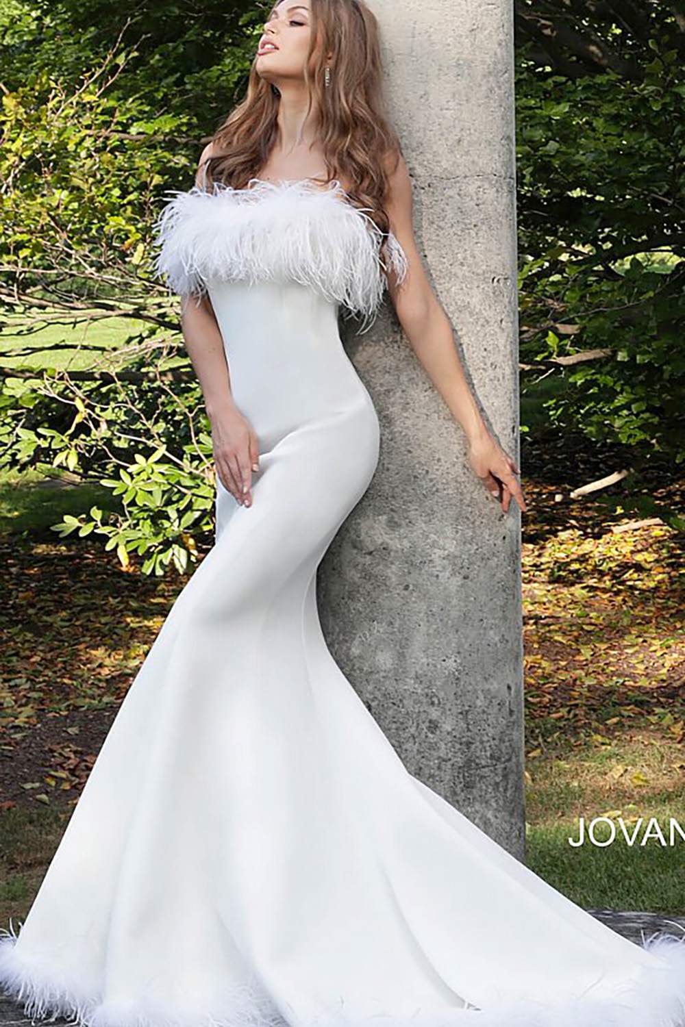 Feather Neckline Strapless Mermaid Wedding Dress Jovani 63891 - Morvarieds Fashion