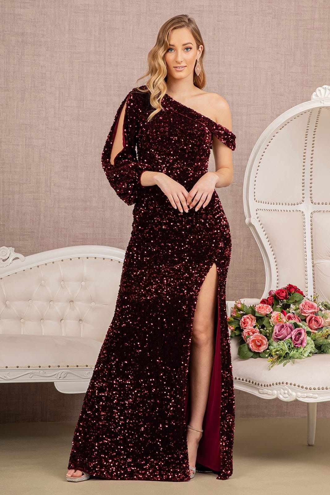 Sequin Asymmetric Velvet Mermaid One Long Puff Sleeve Elizabeth K Dress GL3159 - Morvarieds Fashion