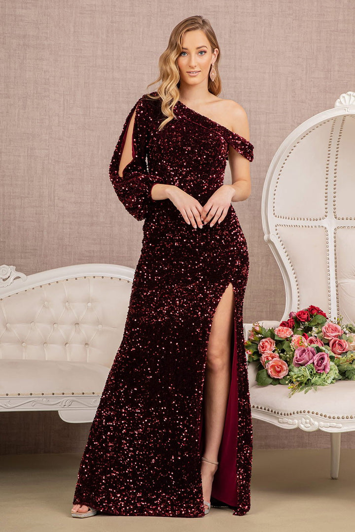 Sequin Asymmetric Velvet Mermaid One Long Puff Sleeve Elizabeth K Dress GL3159 - Morvarieds Fashion
