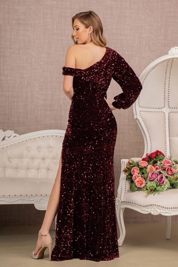 Sequin Asymmetric Velvet Mermaid One Long Puff Sleeve Elizabeth K Dress GL3159 - Morvarieds Fashion