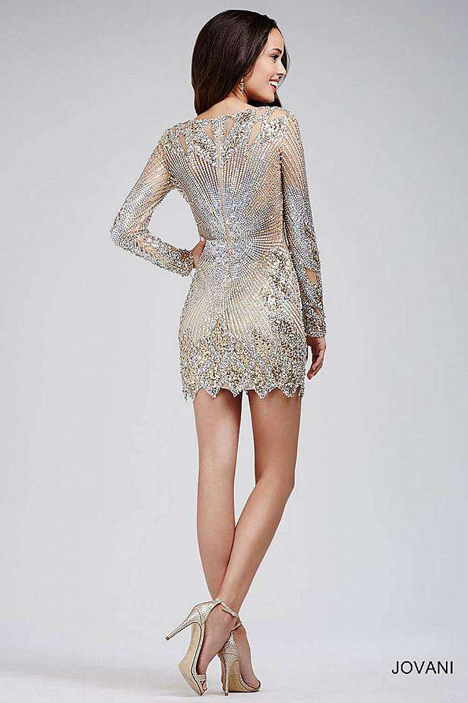 Long Sleeve V Neckline Embellished Cocktail Dress Jovani 27205 - Morvarieds Fashion