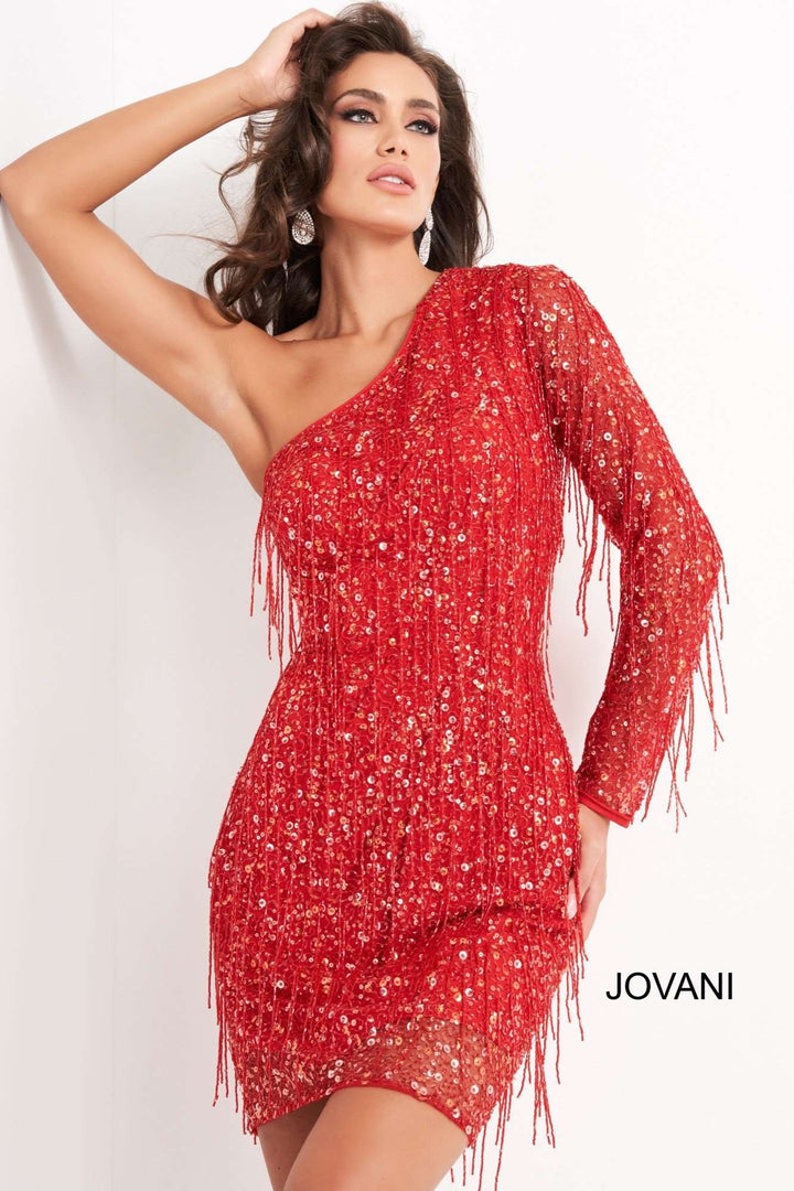 Red One Shoulder Embellished Cocktail Dress Jovani 2645 - Morvarieds Fashion