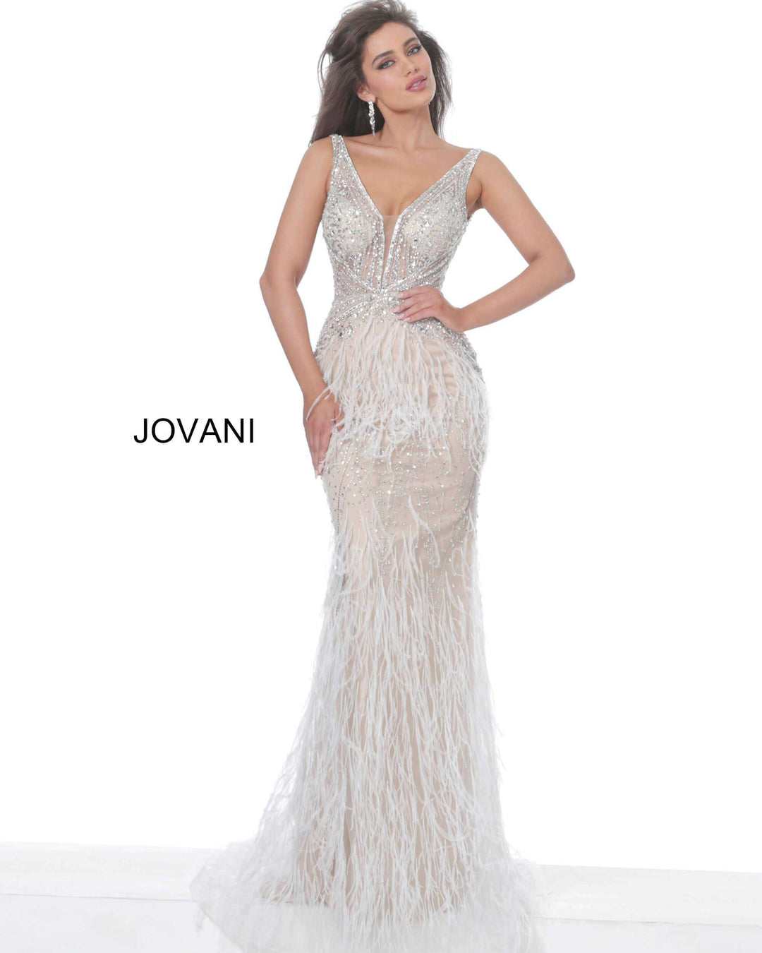Sheer Embellished Bodice Feather Prom Dress Jovani 03023 - Morvarieds Fashion