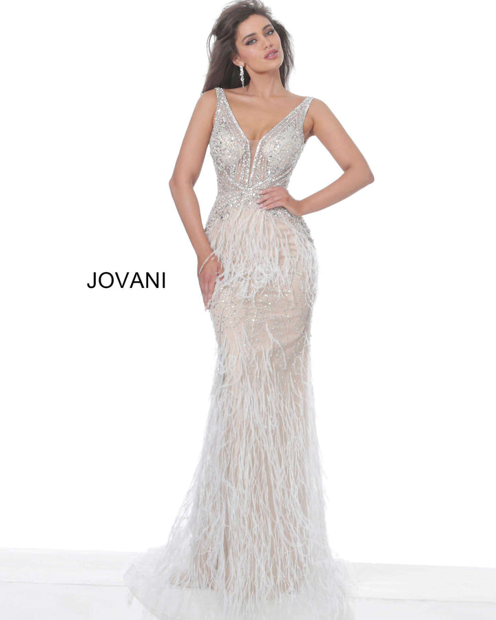 Sheer Embellished Bodice Feather Prom Dress Jovani 03023 - Morvarieds Fashion