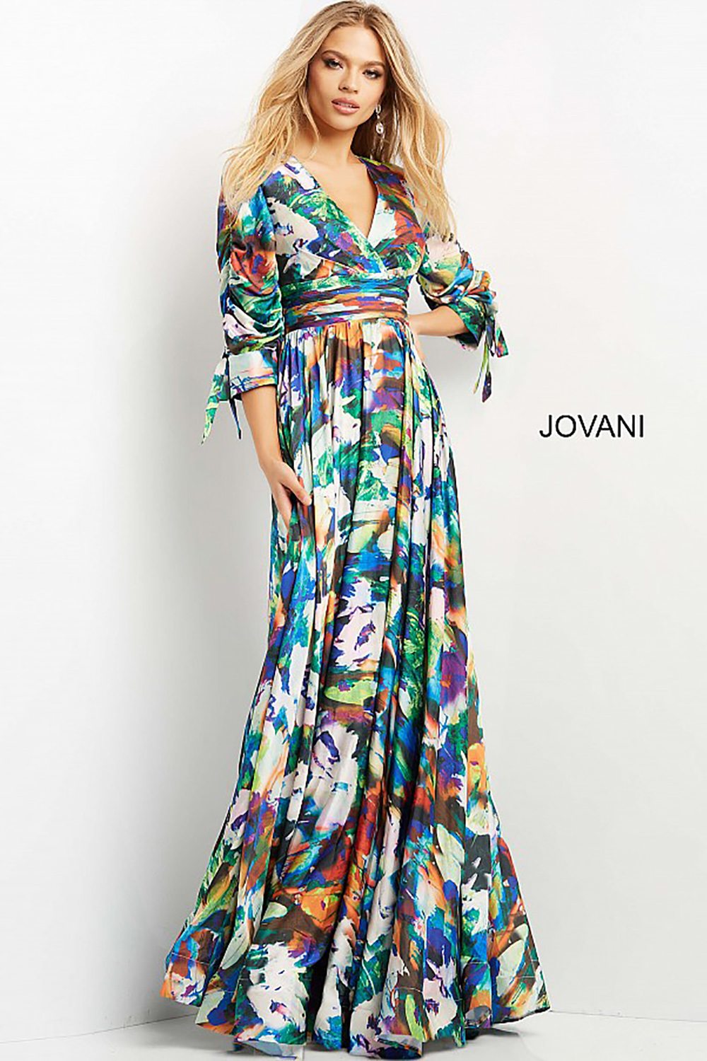 Print V Neck Three Quarter Sleeve Prom Gown Jovani 08584 - Morvarieds Fashion