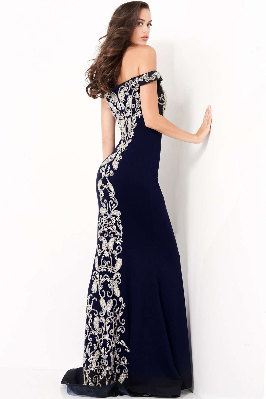 Navy Off the Shoulder Embroidered Evening Dress Jovani 02576 - Morvarieds Fashion