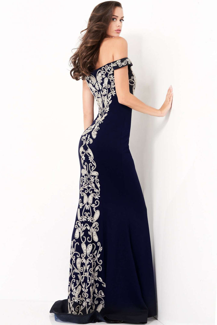 Navy Off the Shoulder Embroidered Evening Dress Jovani 02576 - Morvarieds Fashion