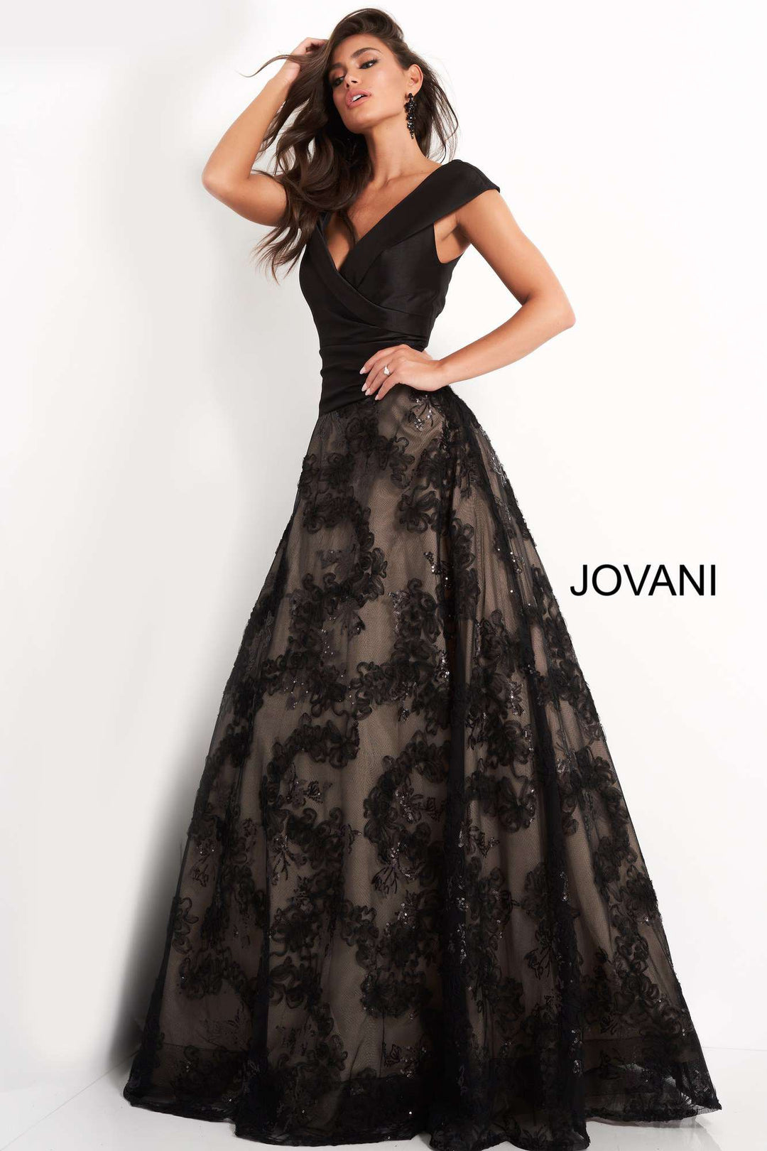 Black A Line V Neck Evening Gown Jovani 03330 - Morvarieds Fashion