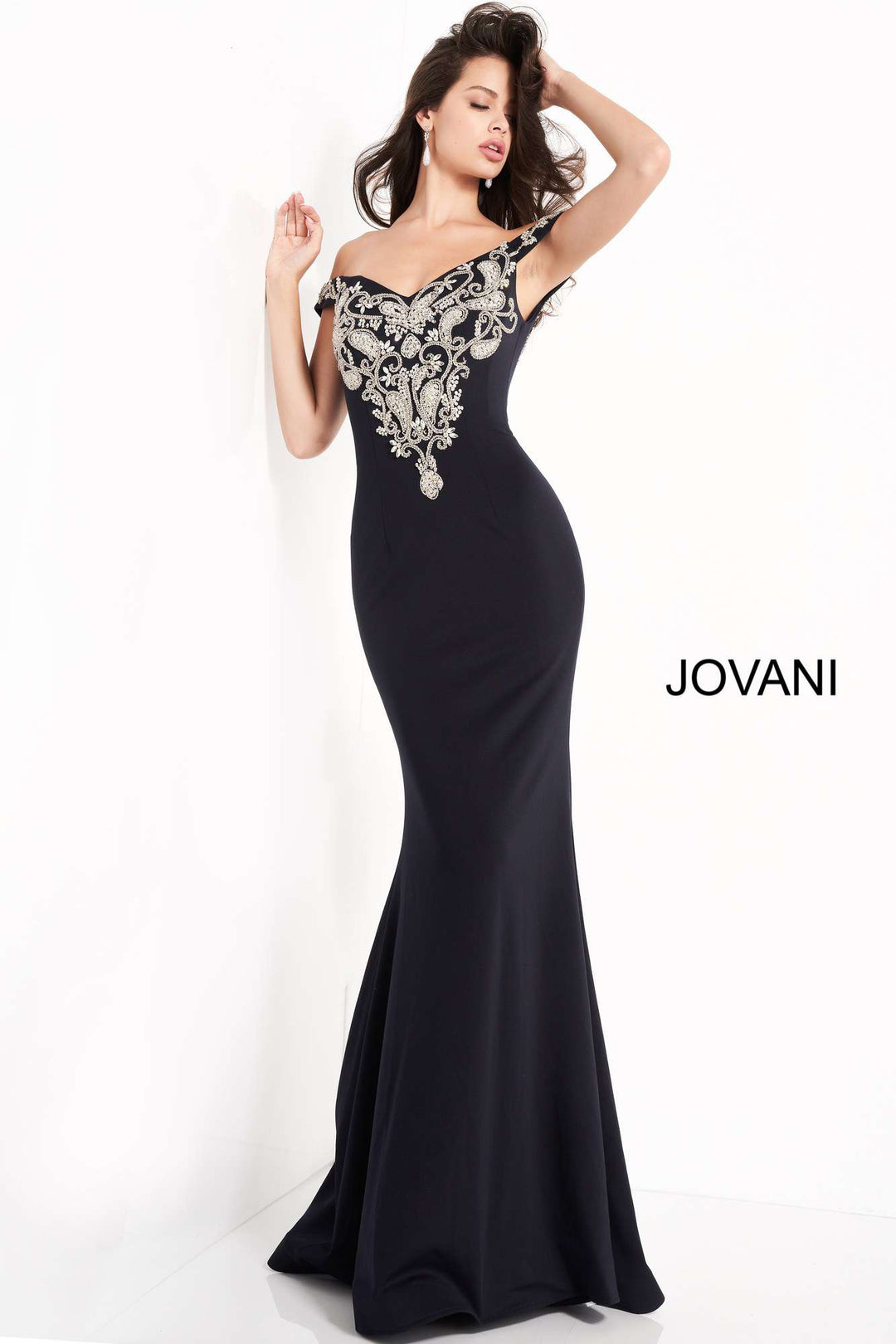 Navy Off the Shoulder Embroidered Evening Dress Jovani 02576 - Morvarieds Fashion
