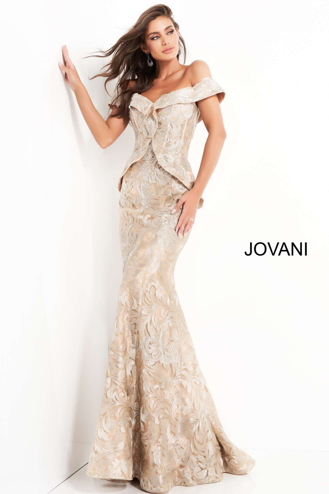 Gold Embellished Off the Shoulder Evening Dress Jovani 02762 - Morvarieds Fashion