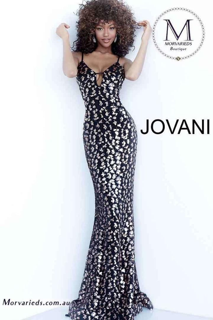 Black Gold Fitted Plunging Neckline Prom Dress Jovani 1166 - Morvarieds Fashion
