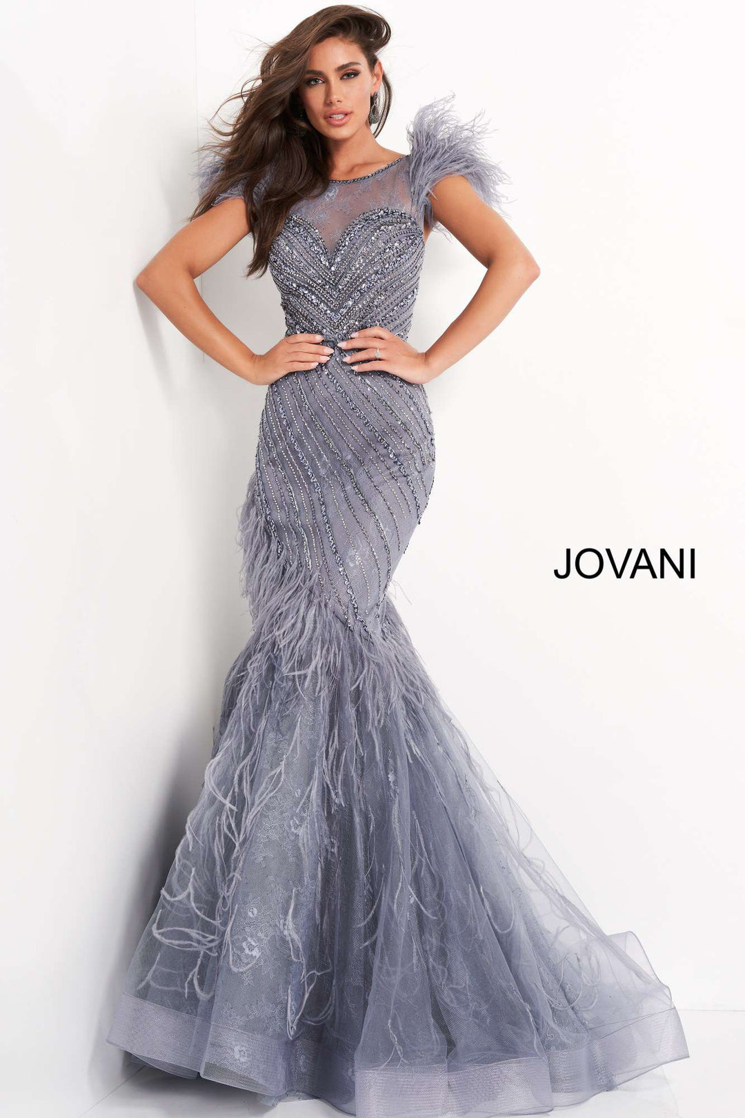 Ink Feather Embellished Evening Dress Jovani 04702 - Morvarieds Fashion