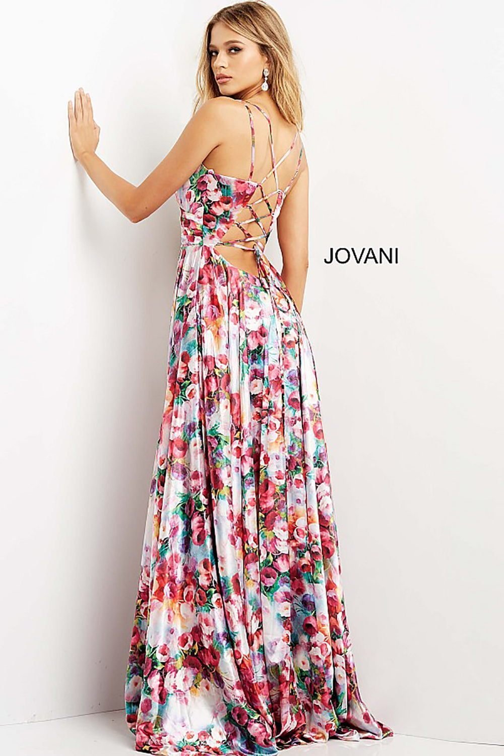 Print V Neck Tie Back Maxi Prom Gown Jovani 09029 - Morvarieds Fashion