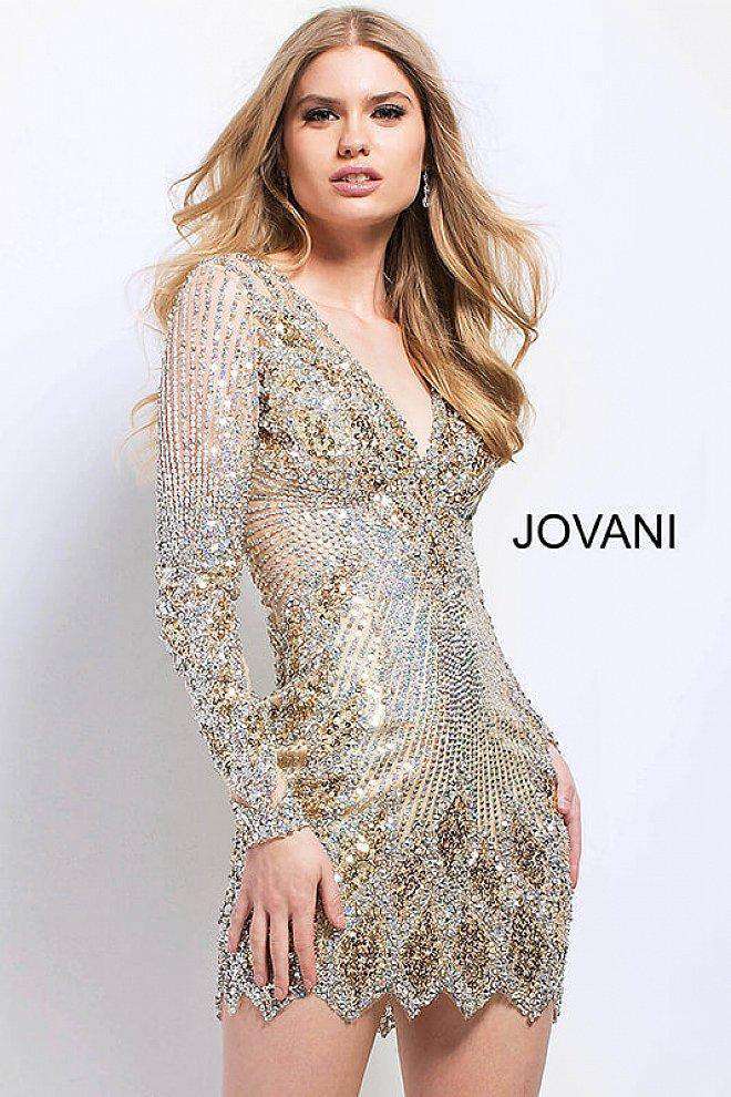 Long Sleeve V Neckline Embellished Cocktail Dress Jovani 27205 - Morvarieds Fashion