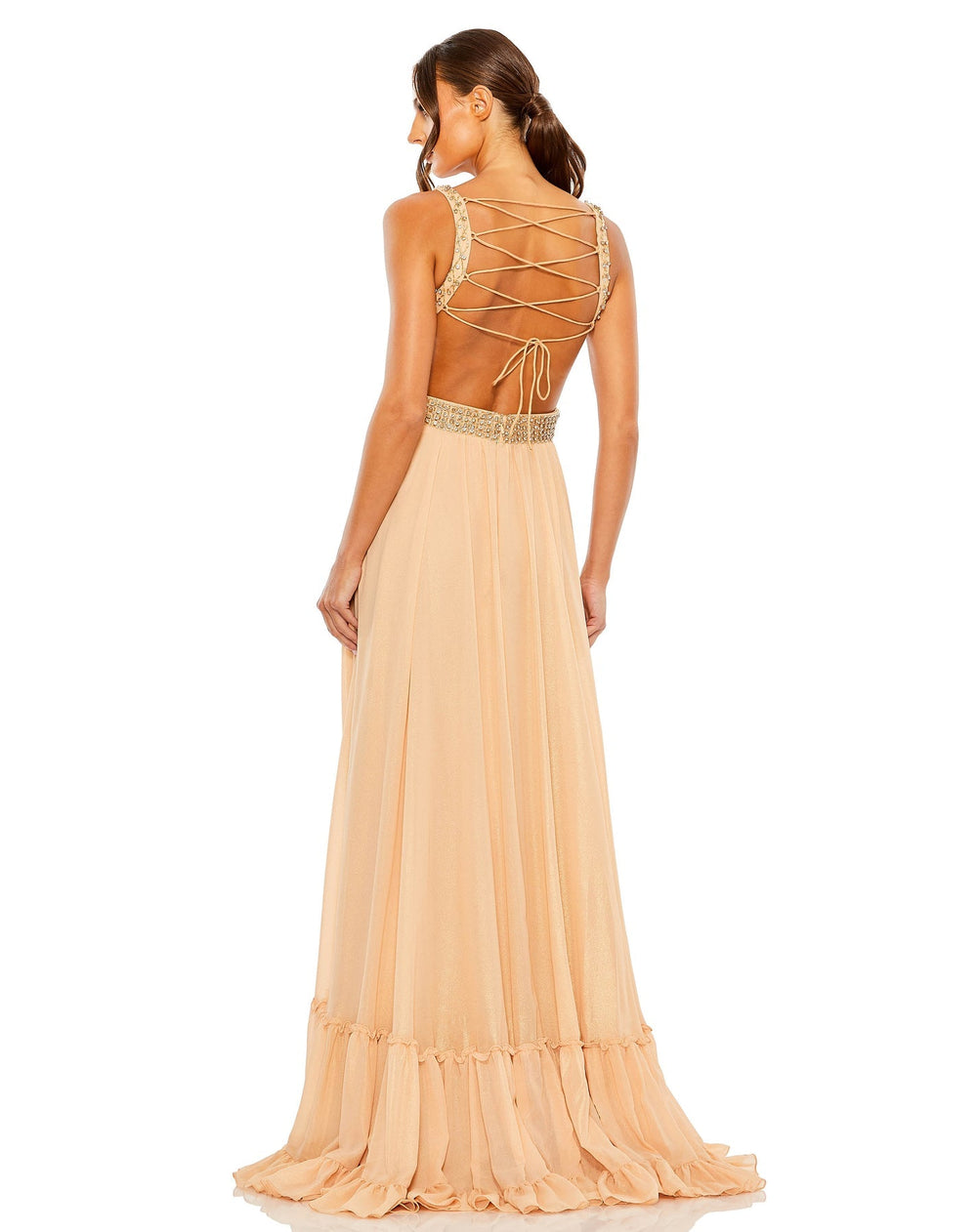 Lace Up Rhinestone Embellished Cut Out Gown | Mac Duggal 68465 - Morvarieds Fashion
