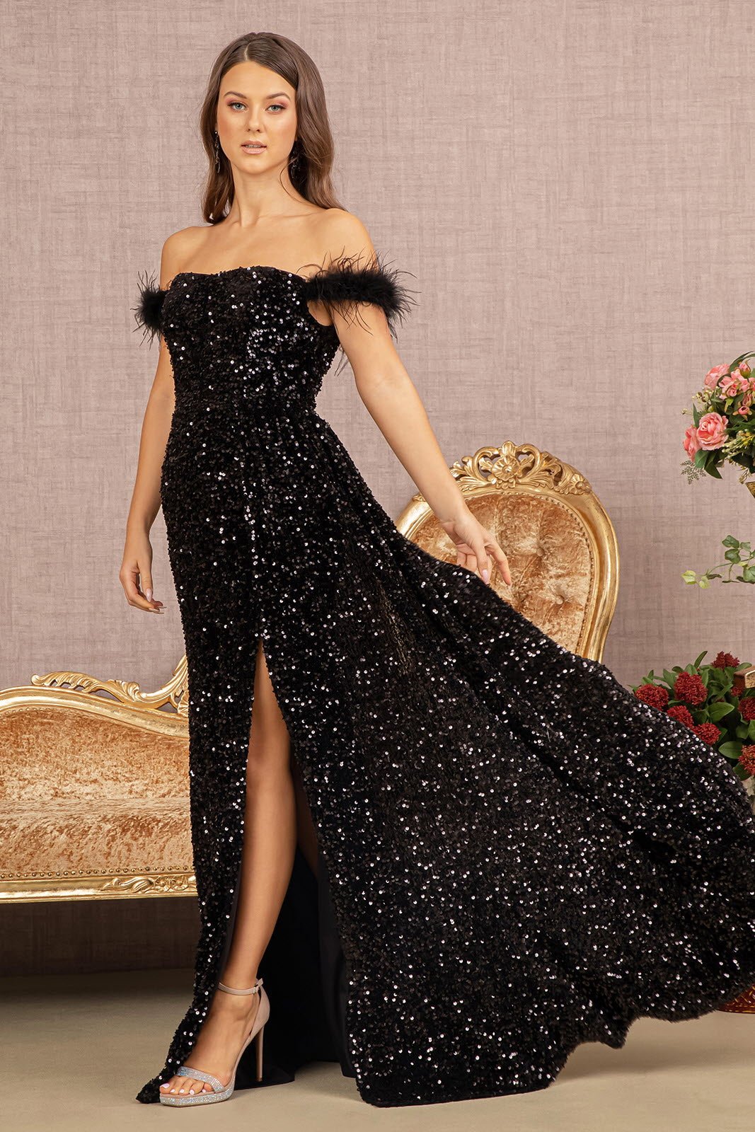 Feather Sequin Velvet A Line Elizabeth K Dress GL3163 - Morvarieds Fashion