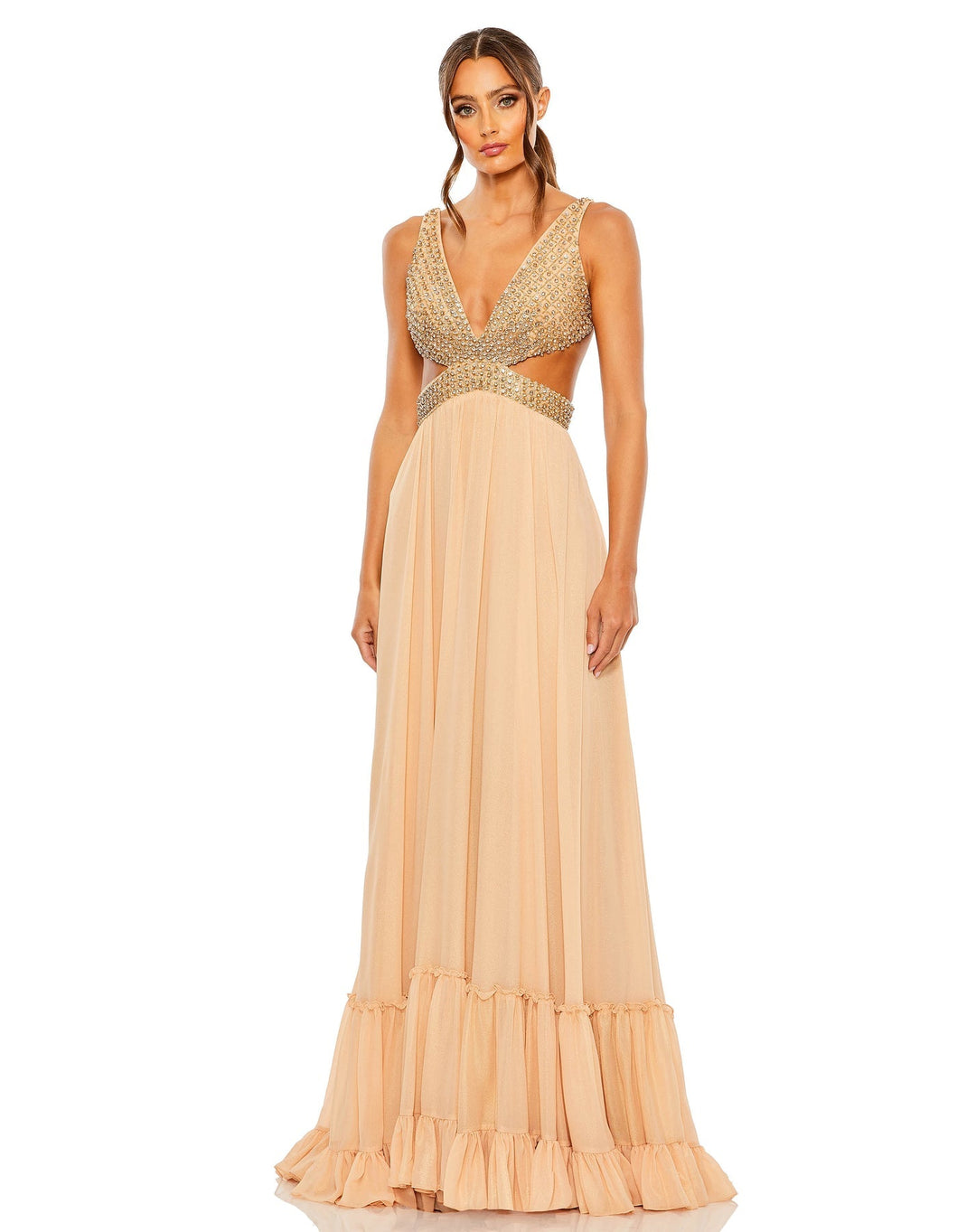 Lace Up Rhinestone Embellished Cut Out Gown | Mac Duggal 68465 - Morvarieds Fashion