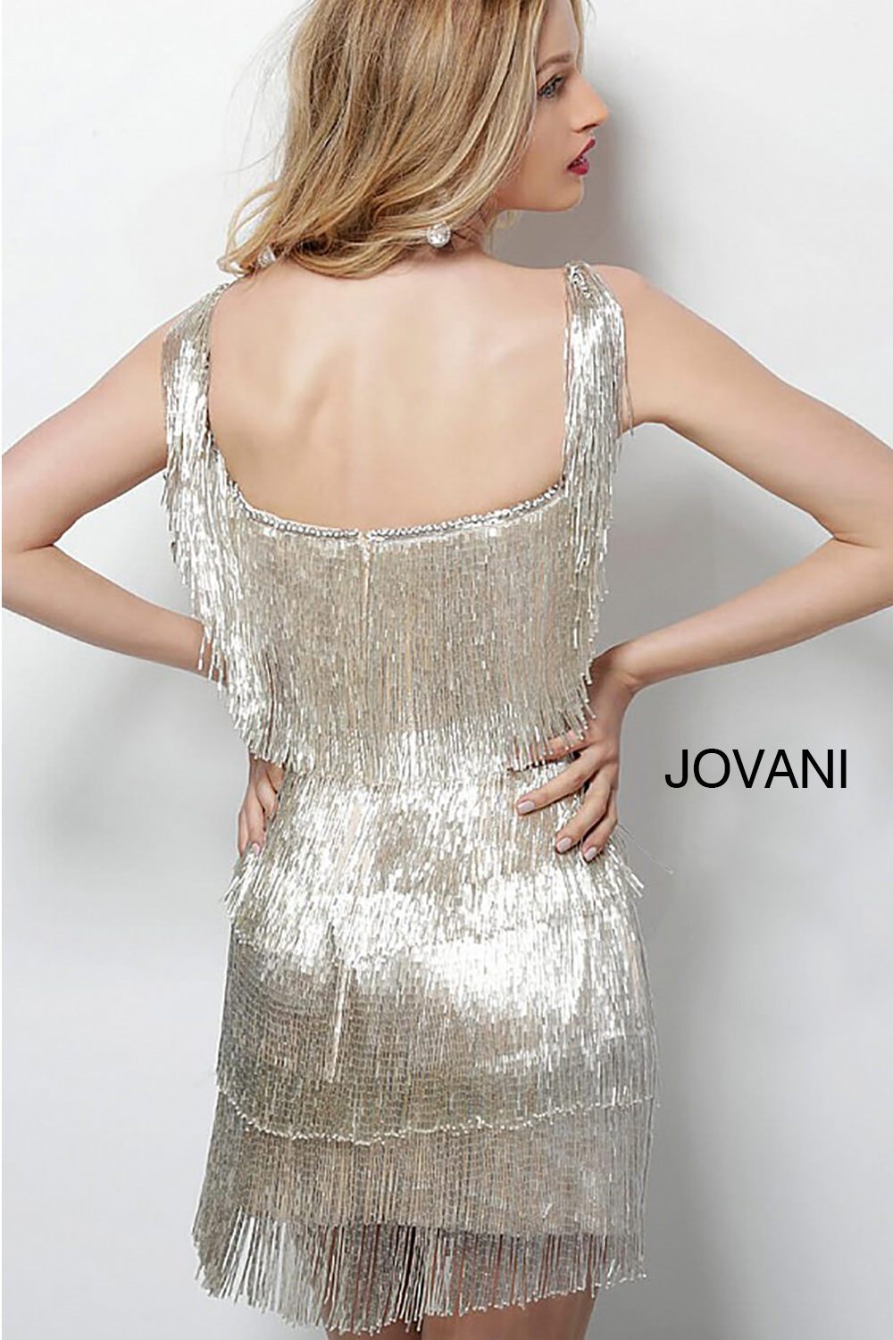 Nude Silver V Neck Fringe Sleeveless Short Dress 62975 - Morvarieds Fashion