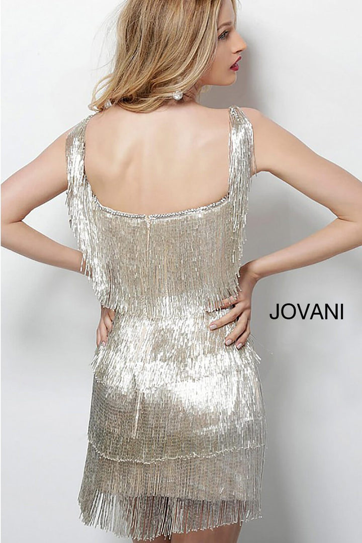 Nude Silver V Neck Fringe Sleeveless Short Dress 62975 - Morvarieds Fashion