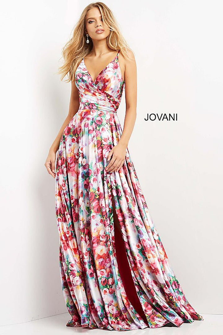 Print V Neck Tie Back Maxi Prom Gown Jovani 09029 - Morvarieds Fashion