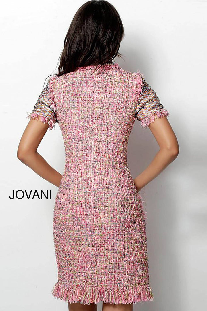 Pink Multi Knit Short Sleeve Cocktail Dress Jovani 63219 - Morvarieds Fashion