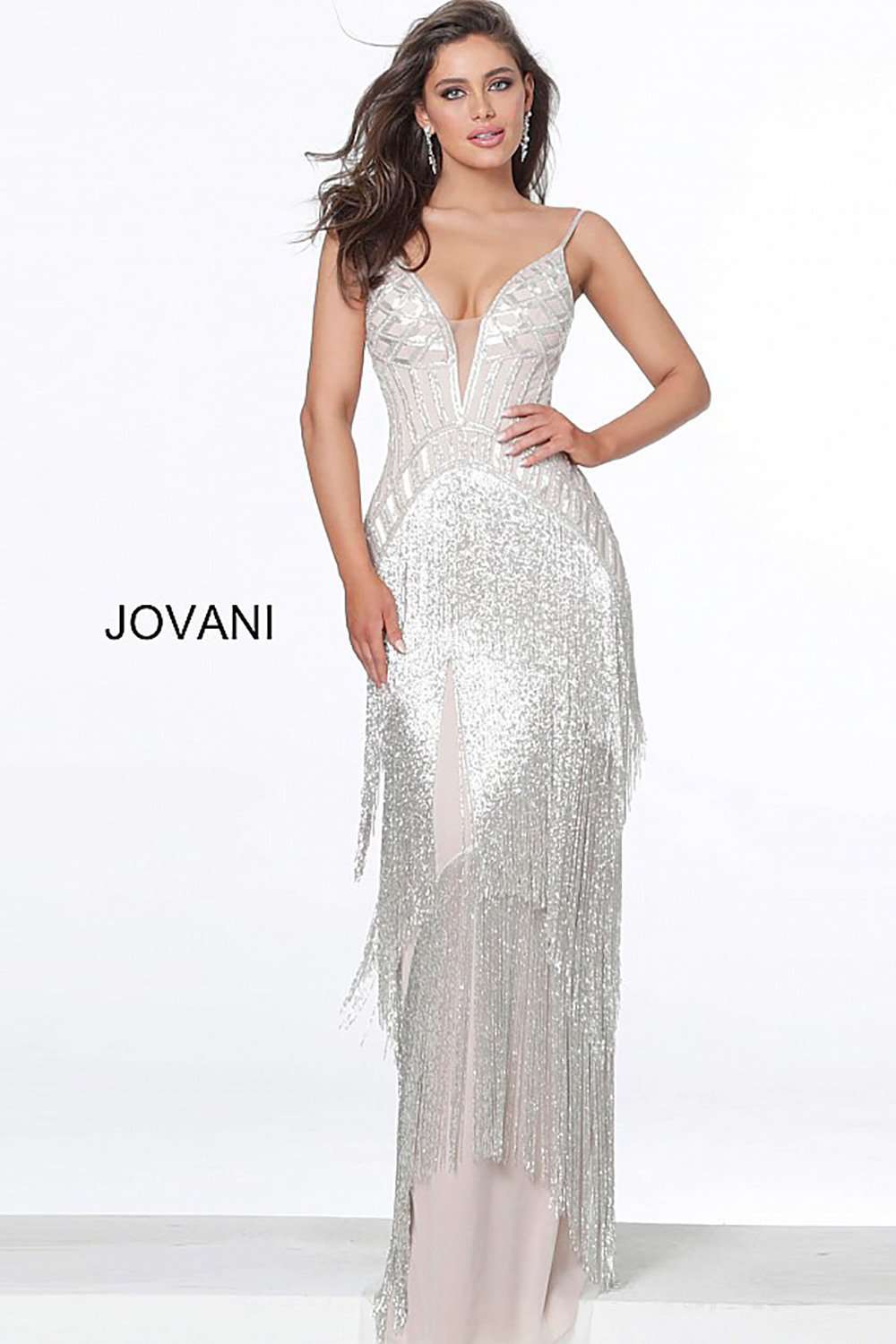 Silver Nude Fringe Plunging Neck Dress Jovani 8101 - Morvarieds Fashion