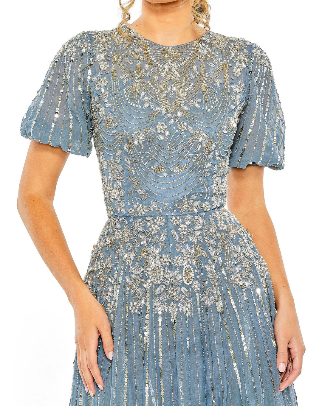 High Neck Puff Sleeve Embellished A Line Gown | Mac Duggal 5991 - Morvarieds Fashion