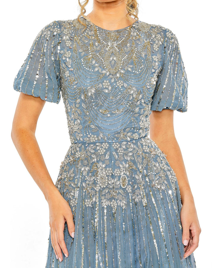 High Neck Puff Sleeve Embellished A Line Gown | Mac Duggal 5991 - Morvarieds Fashion