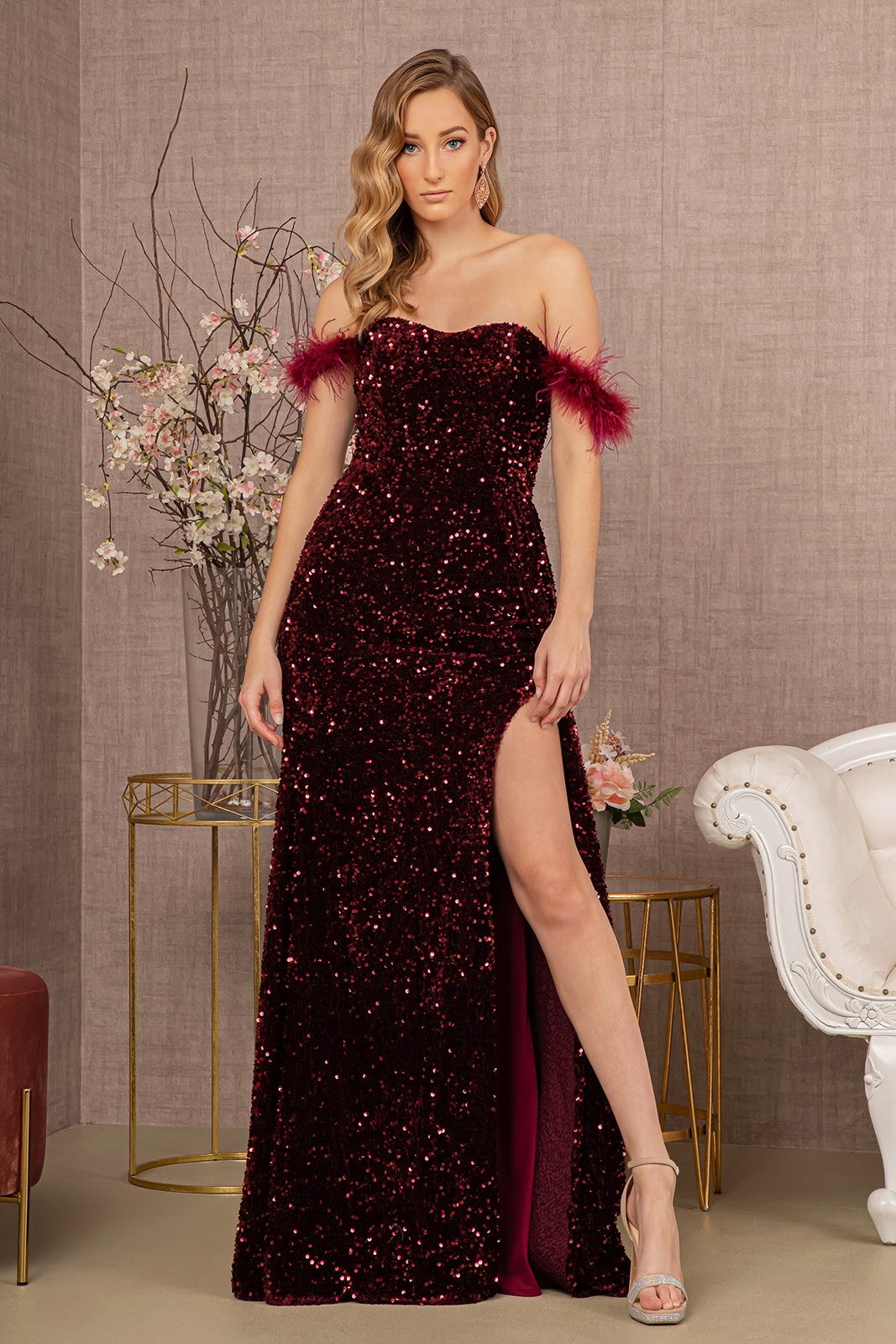 Feather Sequin Velvet A Line Elizabeth K Dress GL3163 - Morvarieds Fashion